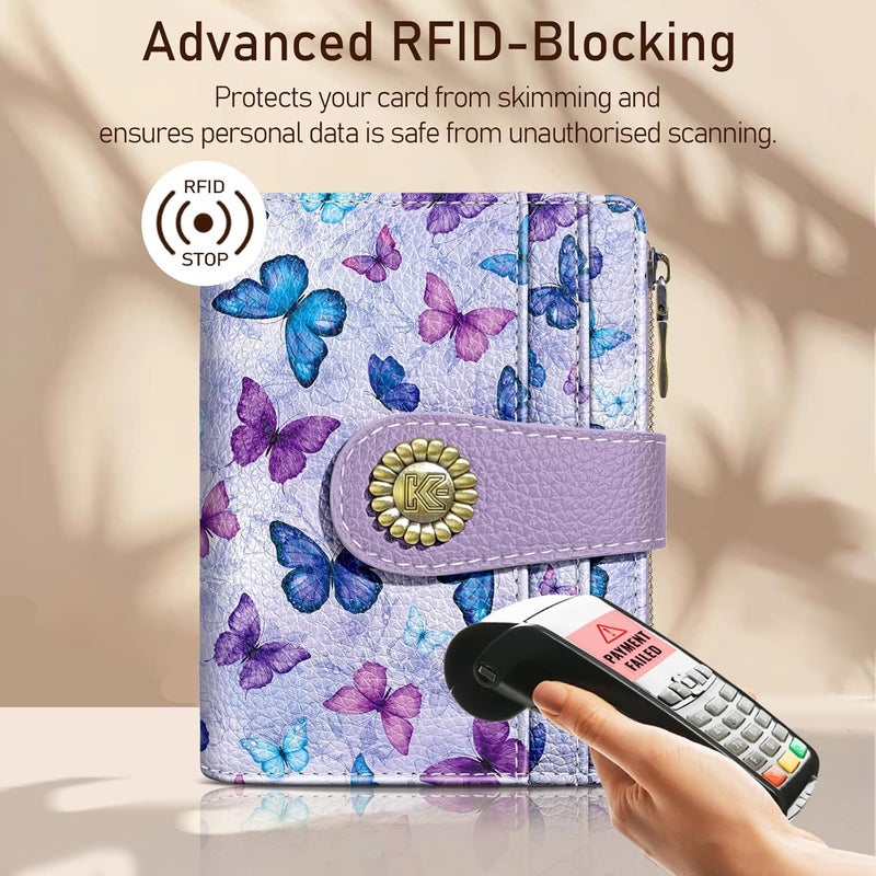 Kelvoris Small Rfid Butterfly Women Wallet Bifold Zipper Coin Pocket PU Leather Compact Cash Credit Card Holder Travel Wallet for Female Ladies Teen Girls 1 ID Window 10 Card Slots - Image 3